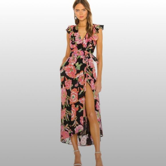 Anthropologie Banjanan Carra Black Ruffle Tiered Wrap Floral Dress Size Med - Picture 1 of 10